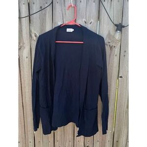 Cielo Navy Blue Open Front Cardigan Ribbed Trim‎ Pockets Size L Viscose Blend